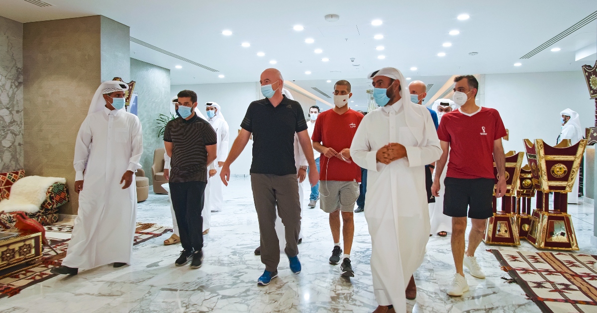 FIFA President Gianni Infantino is accompanied by SC Secretary General, H.E. Hassan Al Thawadi, FIFA World Cup Qatar 2022™ CEO, Nasser Al Khater and SC Chairman Operations Office, Yasir Al Jamal